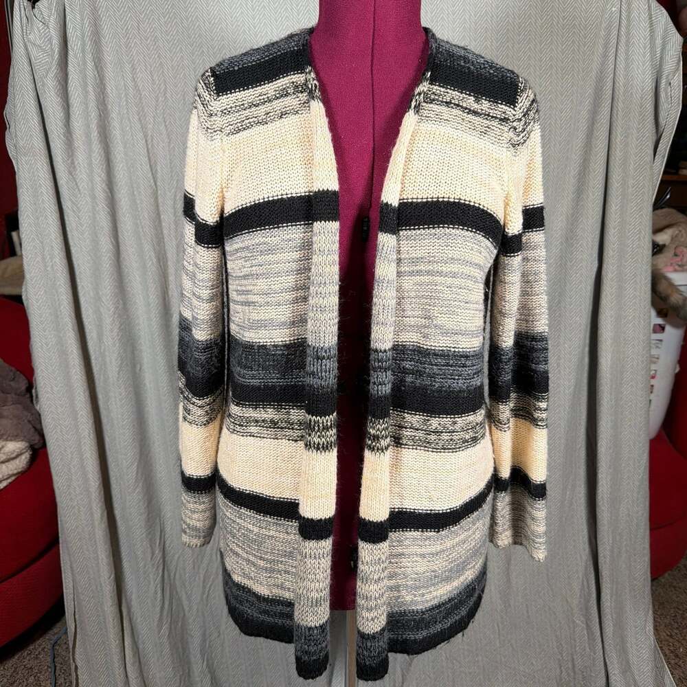 One World Women's 2X Open Front Marled Striped Knit Cardigan Sweater